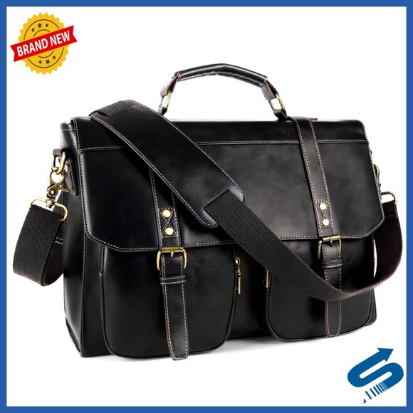 Vintage PU Leather Messenger Bag Large Computer Laptop Briefcase Business Office